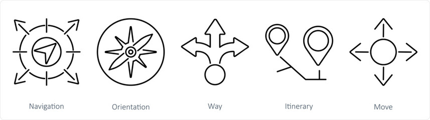 A set of 5 Direction icons as navigation, orientation, way - obrazy, fototapety, plakaty