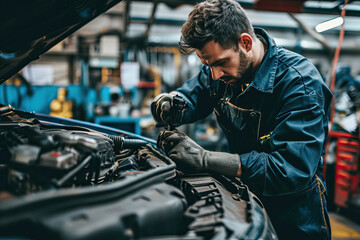 Professional auto mechanic working in auto repair service. Car service and repair