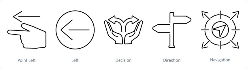 A set of 5 Direction icons as point left, left, decision