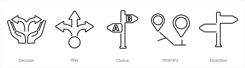 A set of 5 Direction icons as decision, way, choice