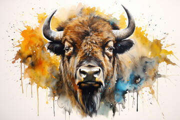 bison watercolor illustration. Threatened species protection from extinction concept
