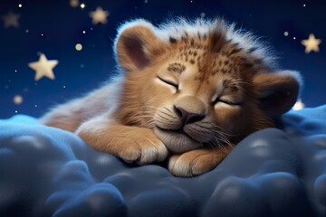 Baby Lion sleeping, with stars on the dreamy background