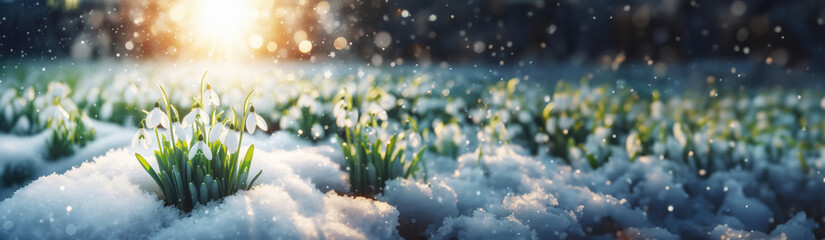delightful paradox of spring unfolds as snowdrop flowers bravely emerge from under a blanket of snow. The contrast between the delicate blooms and the snowy surroundings creates a visually enchanting - obrazy, fototapety, plakaty