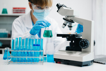 female scientist working with micro pipettes analyzing biochemical samples, advanced science...