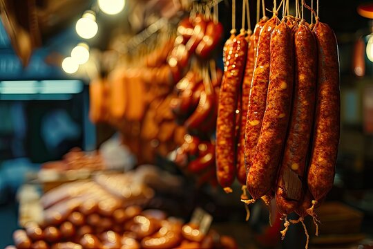 a hanging sausage in a market or butcher shop