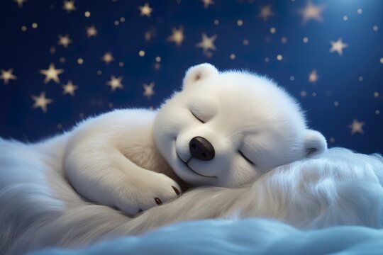 Baby Polar Bear sleeping, with stars on the dreamy background