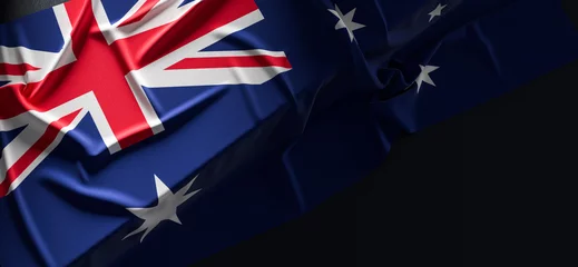 Foto op Plexiglas Flag of Australia. Fabric textured Australia flag isolated on dark background. 3D illustration © Salih