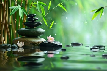 rocks stacked on rocks and bamboo trees on water background