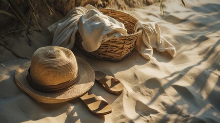 close-up shot of a straw hat, sandals, and a basket sitting on a sandy beach. - obrazy, fototapety, plakaty