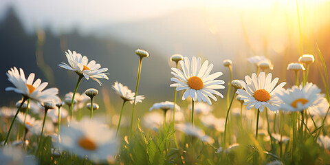 Daisies flower field blooming over sunlight summer landscape ,closeup view