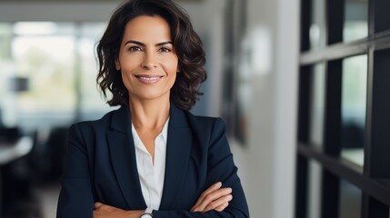 Obraz premium Happy proud prosperous mid aged mature professional latin business woman 