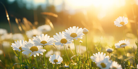 Daisies flower field blooming over sunlight summer landscape ,closeup view