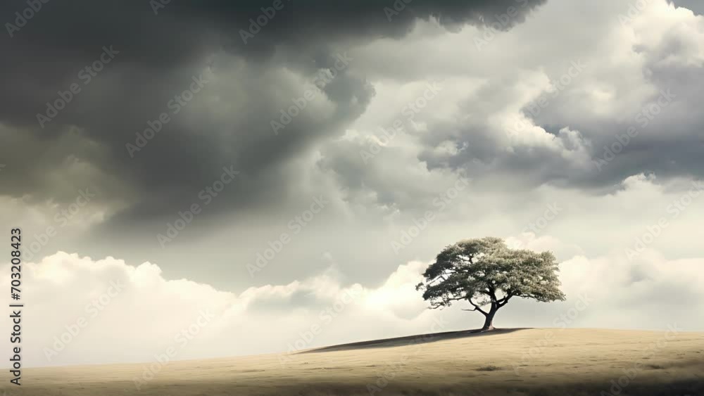 Poster soft, billowing clouds form a peaceful backdrop for a lone tree, representing the sense of calm and 