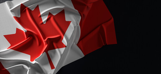 Flag of Canada. Fabric textured Canada flag isolated on dark background. 3D illustration - obrazy, fototapety, plakaty