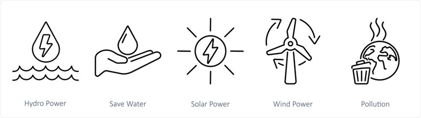 A set of 5 Ecology icons as hydro power, save water, solar power
