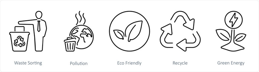 A set of 5 Ecology icons as waste sorting, pollution, eco friendly - obrazy, fototapety, plakaty
