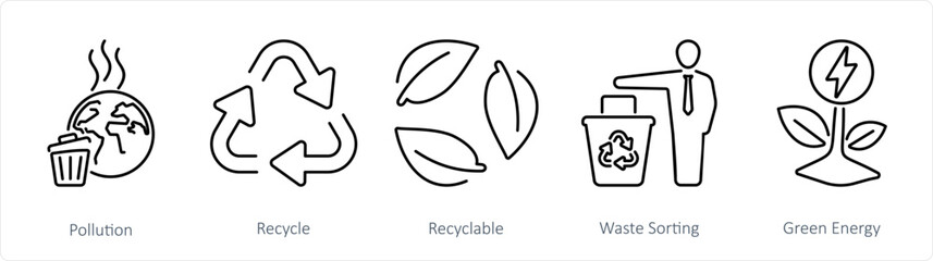 A set of 5 Ecology icons as pollution, recycle, recycable