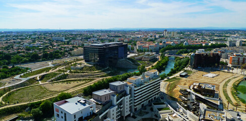 Photo aérienne Montpellier Sud quartiers du Lez travaux habitats collectifs espace urbains rives du Lez Hérault Occitanie sud de le France