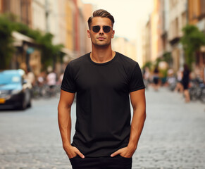 Handsome man wearing black t-shirt on street