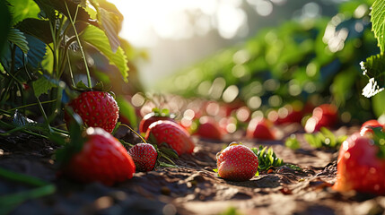 Strawberry fields strewn with juicy berries, like a carpet made of red pearls - obrazy, fototapety, plakaty