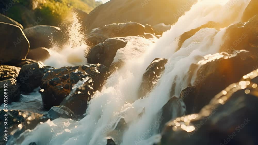 Poster closeup of a small waterfall, with water gushing down a slope of uneven rocks, creating a dynamic an
