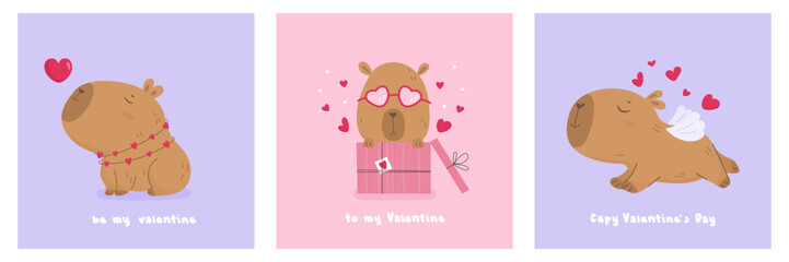 Valentine Day card set with cute lovely capybara