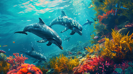 Fototapeta na wymiar Underwater fun: a group of playful dolphins surrounded by colorful sea plants and corals