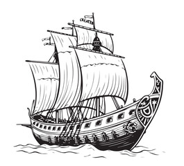 Viking ship sketch, hand drawn Vector illustration