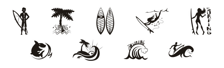 Surfing Black Silhouette with Surfboard, Wave, Man and Shark Vector Set