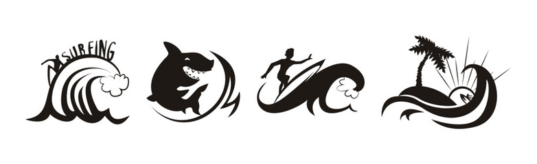 Surfing Black Silhouette with Palm, Wave, Man and Shark Vector Set