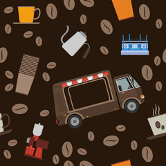 Editable Mobile Coffee Van Shop With Espresso Machine and Brewing Equipment Vector Illustration Seamless Pattern in Flat Style With Dark Background for Cafe Related Concept Purposes