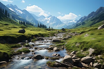 Alpine valley with river in summer - obrazy, fototapety, plakaty