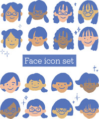 手描きの人物　顔アイコンセット　女性