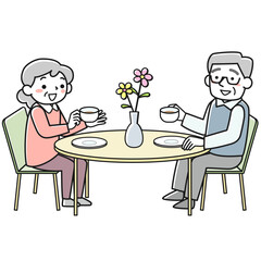 ティータイムを楽しむシニアの男女