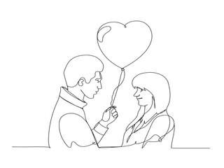 Continuous one line happy couple in love with heart balloon.