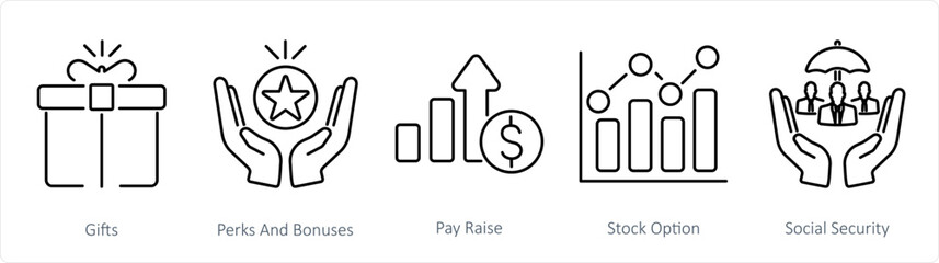 A set of 5 Employee Benefits icons as gifts, perks and bounses, pay raise