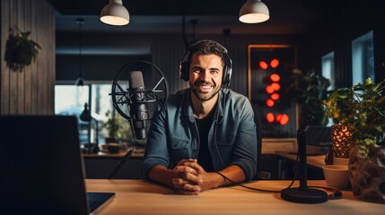 Portrait of a podcaster sitting in a home recording studio - obrazy, fototapety, plakaty