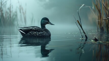 Serene duck floats on a misty water surface surrounded by reeds - obrazy, fototapety, plakaty