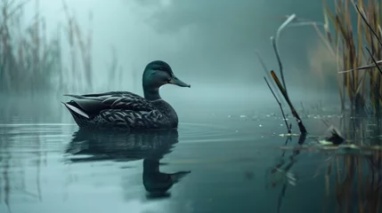 Fotobehang Serene duck floats on a misty water surface surrounded by reeds © maniacvector