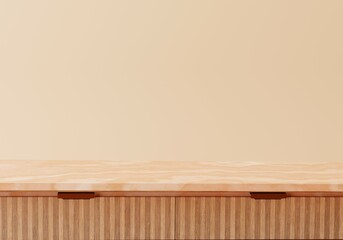 Pink marble kitchen counter tabletop. Empty space for your product display over beautiful kitchen room background. Peach Fuzz colours. Minimal elegant trendy kitchen. 3d rendering.