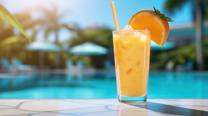 Chilled tropical drink against a poolside backdrop under sunny skies