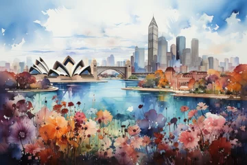 Cercles muraux Sydney Harbour Bridge Images of Sydney city with watercolor effect 