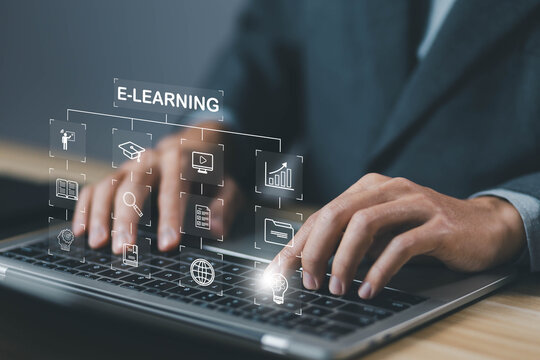 lesson learning e-book, e-learning icon on a virtual screen in a laptop. 
concept training digital online, learn course education. webinar technology, library on the internet website.