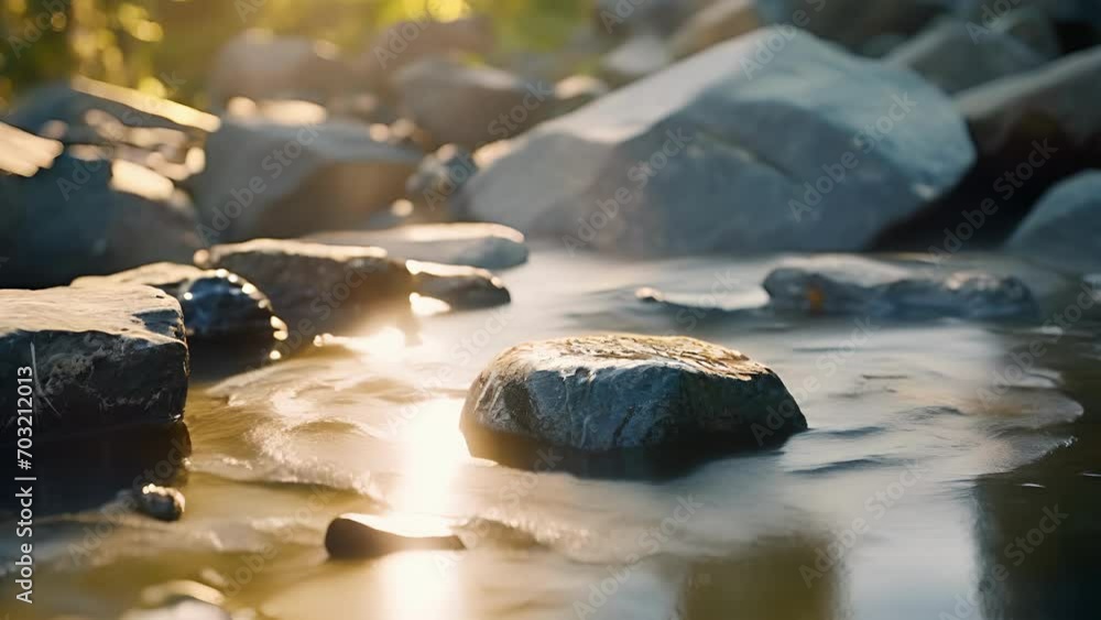 Poster closeup of a small pool forming at the base where water pours over a of large, rounded rocks, with t