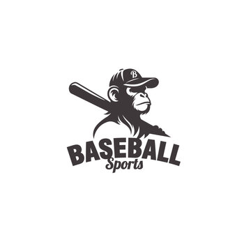 monkey mascot baseball vintage monochrome logo design vector illustration