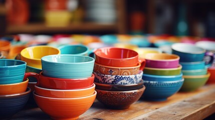 Colorful ceramic cups stacked in a vibrant display - obrazy, fototapety, plakaty