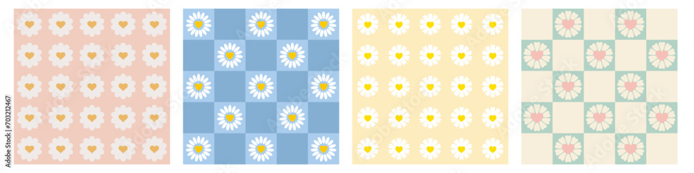 Poster retro color checkerboard seamless pattern set with daisy flowers and hearts