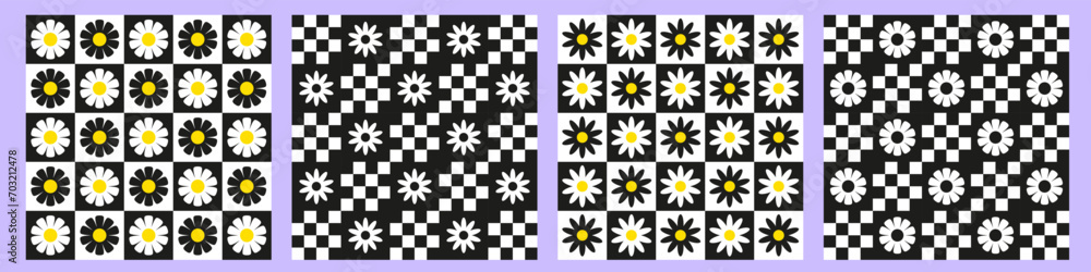 Poster trendy checkerboard seamless pattern set with daisy flowers. collection of retro background in style