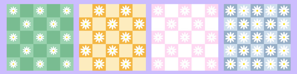 Abstract seamless pattern set. Checkered background retro style with cute daisy or chamomile flowers