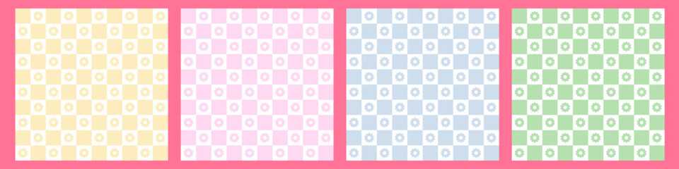 Abstract seamless pattern set. Checkered background retro style with cute daisy or chamomile flowers